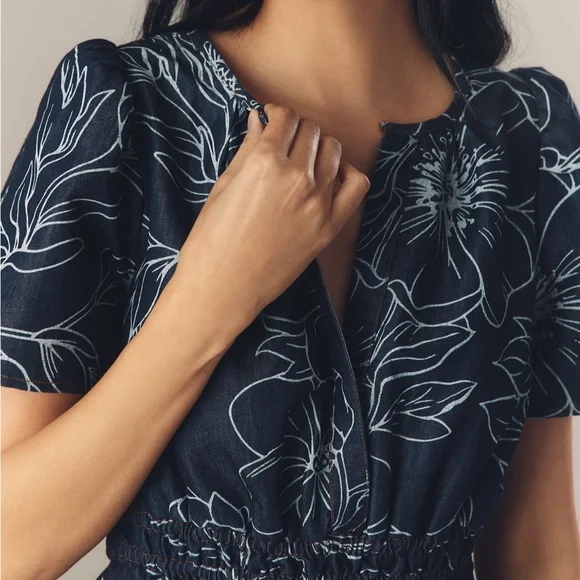 Anthropologie Denim Navy Floral Mini Dress - Picture 3 of 6